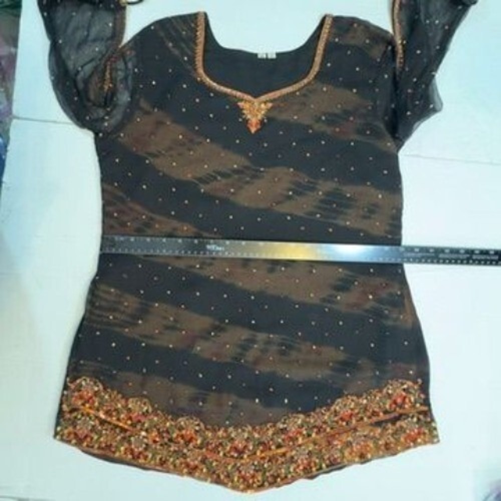Vtg Beaded Sequined Sheer‎ Tunic Top XL Black Split Tie Sleeves Dark Whimsygoth - Picture 13 of 15